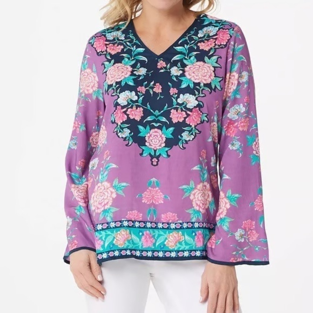Tolani Collection size Large Purple V Neck Floral Blouse Top Long sleeve Modal L